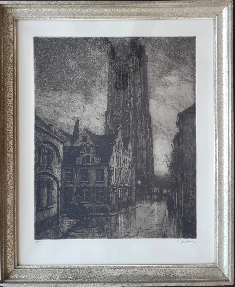 Radierung: Kathedrale Mecheln Stadt Mechelen, Aubert Geudens Belgien sign. 1942 - Bild 2 von 4