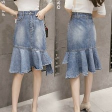 Ladies Irregular Fishtail Denim Skirt High Waist Flare Short Elegant Casual