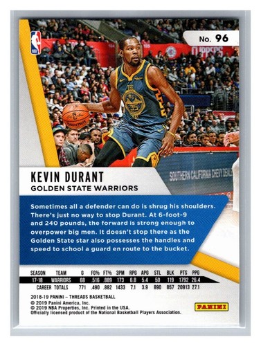 2018-19 Panini Threads Dazzle Parallel Kevin Durant #96 Warriors SP 🔥 - Picture 2 of 2