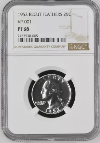 1952 Washington Quarter Recut Feathers VP-001 NGC PF68 Brilliant White POP 3/0
