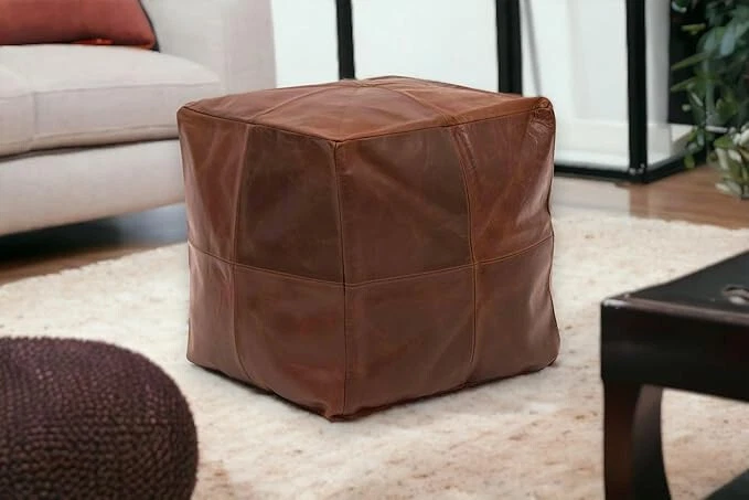 Marroquí Handmade Cuero Bohemio Puf Reposapiés Tostado Oscuro De Funda Almohadón - Imagen 4 de 4