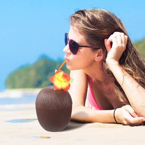 12Pcs Coconut Cups With Hibiscus Flower Straws For Hawaiian Luau Kids Party ECM - Picture 3 of 7