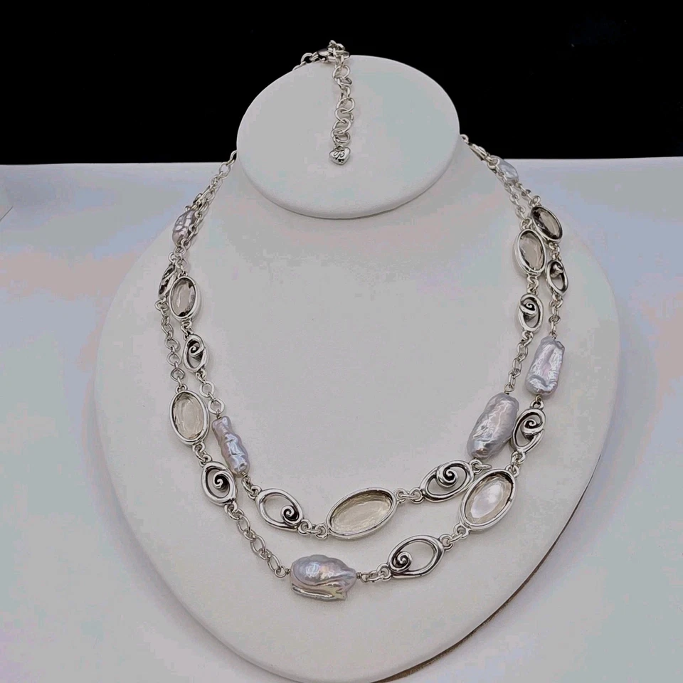 Brighton 7th Heaven Long Necklace Silver Tone Scrolls Clear Crystals Pearls 42” - Image 3 of 4