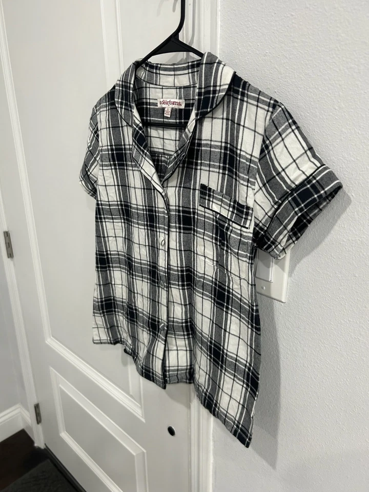Conjunto de pijama corto delantero con botones a cuadros Dearfoams negro blanco talla pequeña ropa de dormir Foto 4 de 4
