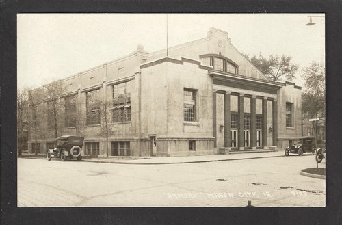 Mason City Iowa IA 1924 RPPC Old Armory Building, Concrete & Stone, Autos Parked