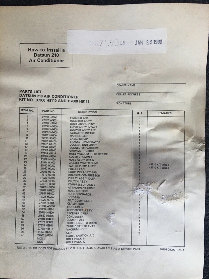 NUEVO KIT DE AIRE ACONDICIONADO genuino Nissan Datsun 210 Hitachi B7000-7155 Foto 3 de 4
