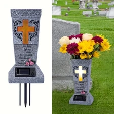 Solar LED Cemetery Vase with Cross Light Angel Memorial Flower Holder