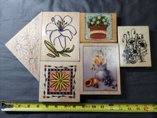 Lot of 6 Rubber Stamp Wood Mounted Used New Floral Theme and Flowers