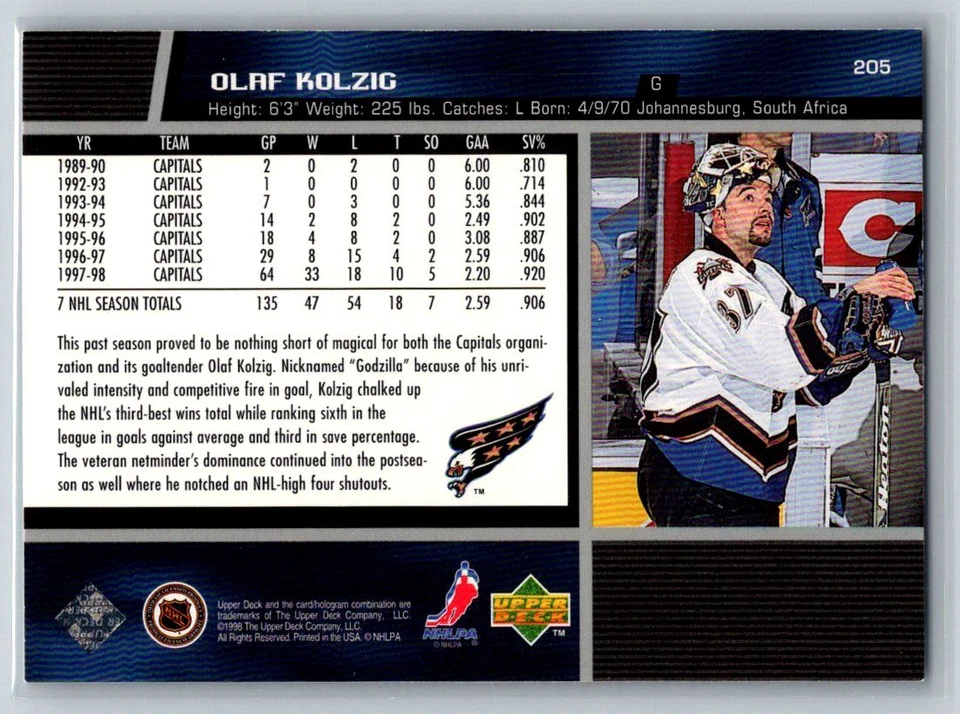 1998  Washington Capitals #205 Olaf Kolzig Washington Capitals - Image 2 of 2