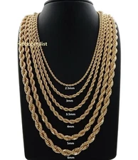 Hip Hop Rope Chain Necklace 16" 18" 20" 22" 24" 26" 30" inch 14K Gold Plated..