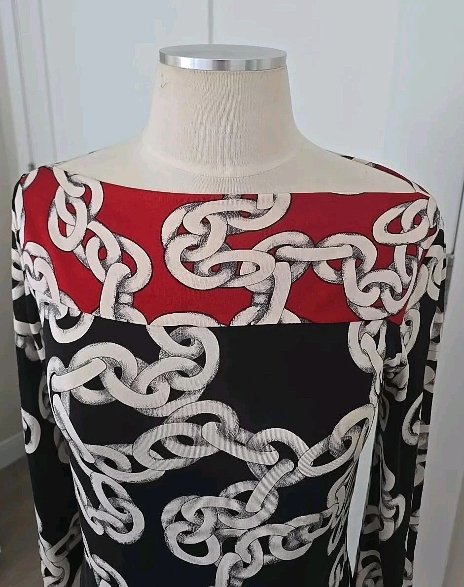 OFF WHITE Abito a tubino DIANE von FURSTENBERG seta RURI stampa catena nero bianco sporco rosso taglia 4