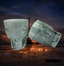 Set of 2 Smoke Gray Skull Glasses 3.43" X 4.06" Halloween Party Tiki Bar Pirate