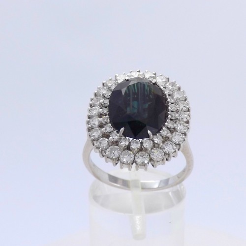 18k White Gold Sapphire Diamond Ring Princess Diana Halo Setting sz8 New - Picture 2 of 9