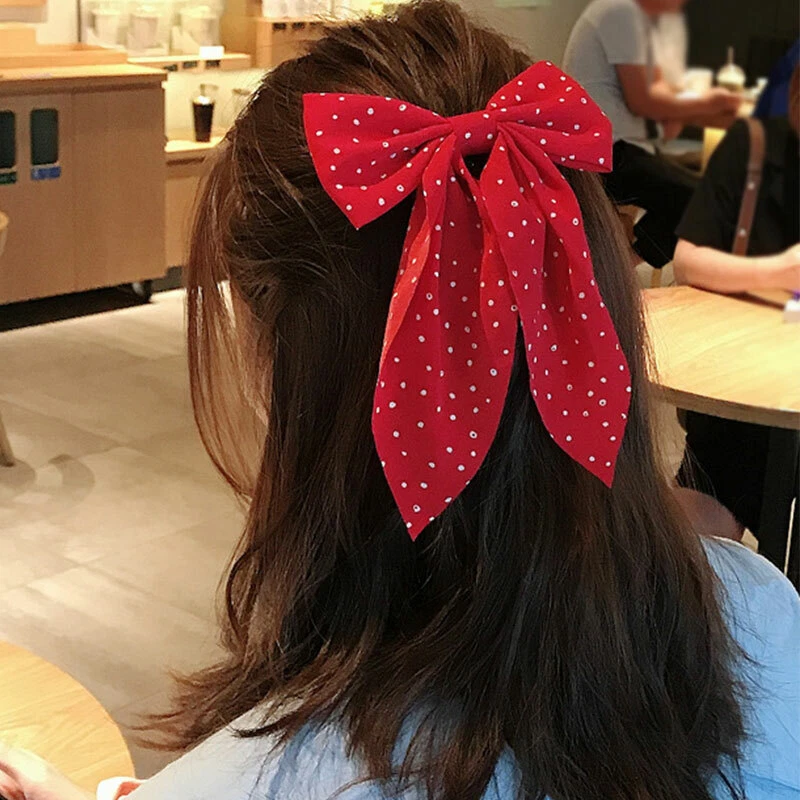 Women Girls Chiffon Bow Hair Clip Grip Sweet Hairpin Polka Dot Print Barrettes ∂ - Image 4 of 4
