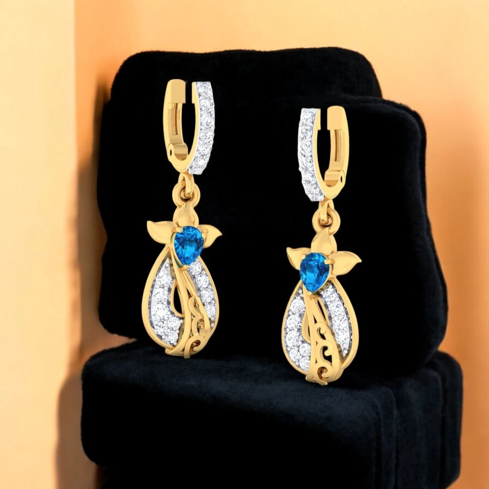 1,20 Cts F/VS1 Runder Brillantschliff Diamanten Saphir Baumeln Ohrringe 14K Gold - Bild 1 von 4