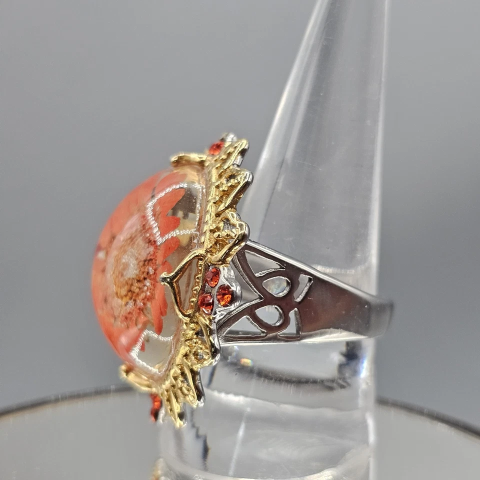 Encased Flower Dome Ring Sz 10.5 Stainless Steel Two Tone Metal Orange Petal - Image 3 of 4