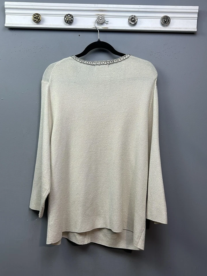 Cárdigan suéter Grace Elements para mujer 3X blanco con cuentas floral mezcla de seda lúrex Foto 2 de 4