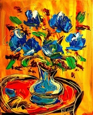 BLUE FLOWERS  - GICLEE PRINT  Painting Stretched Canvas Impressionist KAZAV ART