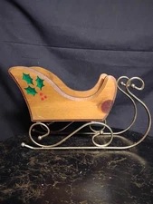 Christmas Sleigh Centerpiece Wood And Gold Metal With  Holly Details