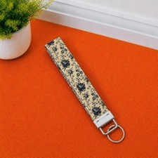 Floral Key Fob Wristlet, Fabric Keychain Wrist Strap, Neutral Beige Black Flower