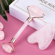 Natural Rose Quartz Jade Face Roller Pink Heart Gua Sha Board Tool Set Massager