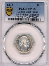 Danish West Indies - 1878(h) 10c in PCGS MS 65 Gold Shield