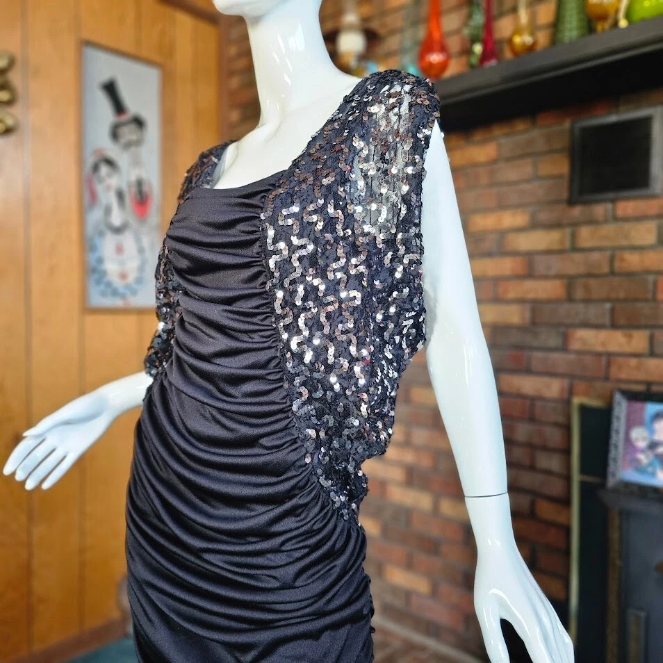 Vestido De Cóctel De Colección Años 70 Disco Ataúd Ala de Murciélago Lentejuelas Metálicas Nueva Hoja Samir S/M Foto 3 de 4