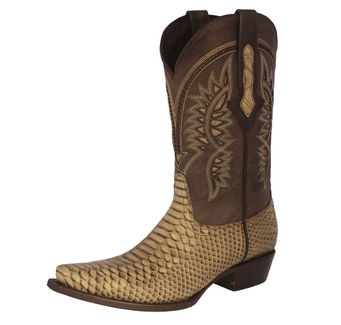 Mens Sand Leather Cowboy Boots Snake Pattern Western Dress Pointed - Main Image