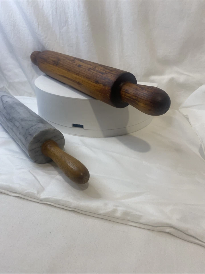 Mármol para hornear cocina vintage (pesado y madera 18" pasadores enrollables asas de madera Foto 3 de 4