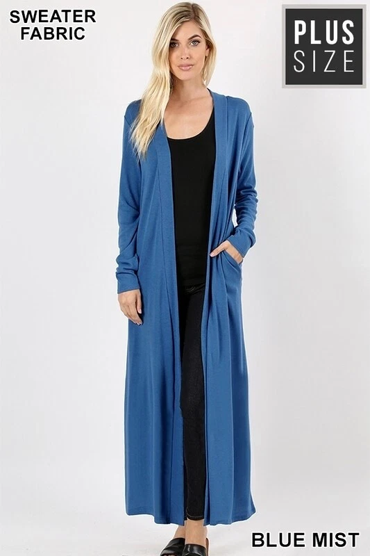 PLUS SIZE Womens BLUE MIST LONG SWEATER DUSTER CARDIGAN POCKETS 1X TRUE TO  SIZE