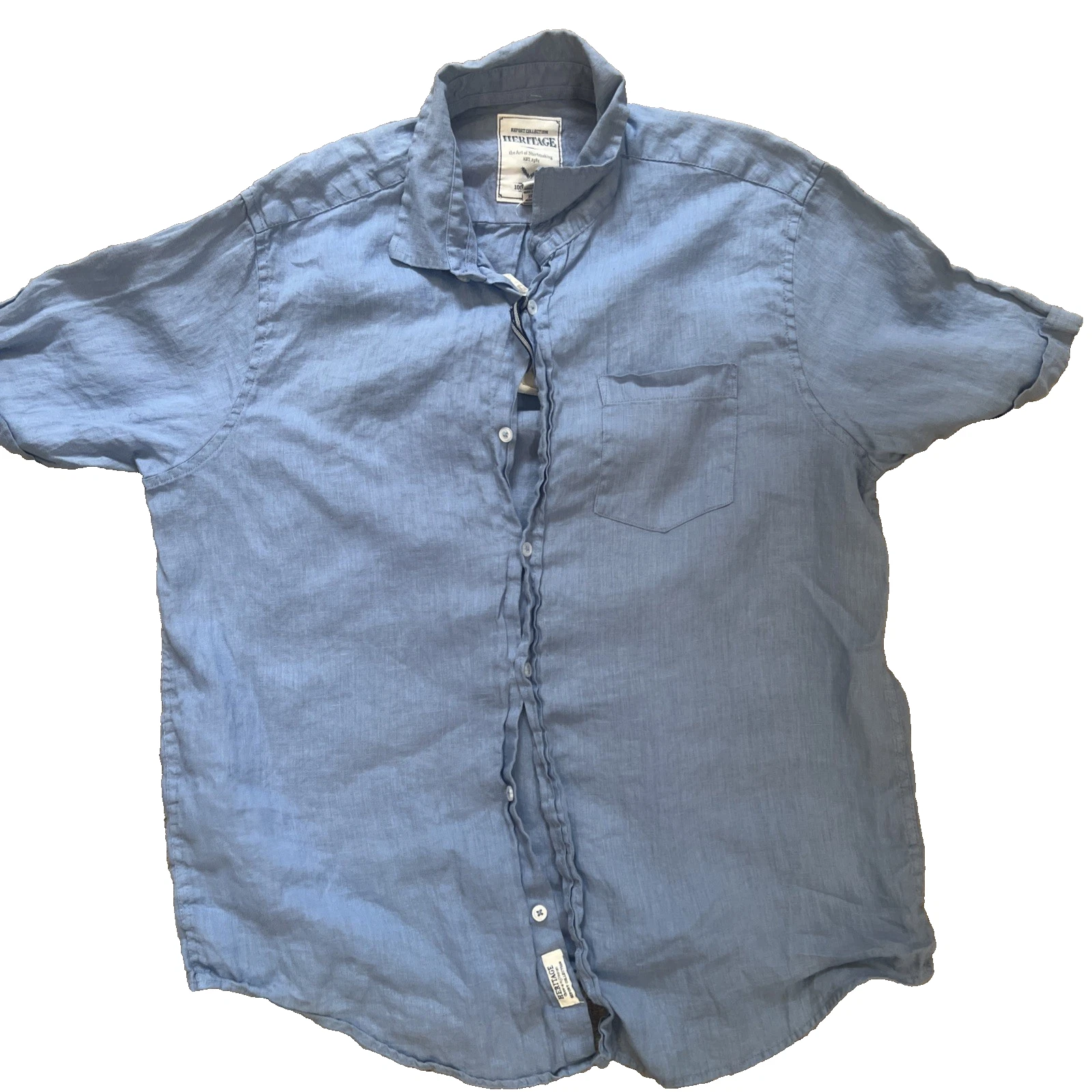 Heritage Report Mens XL 100% Linen Shirt Blue Short Sleeve Button Down NWT