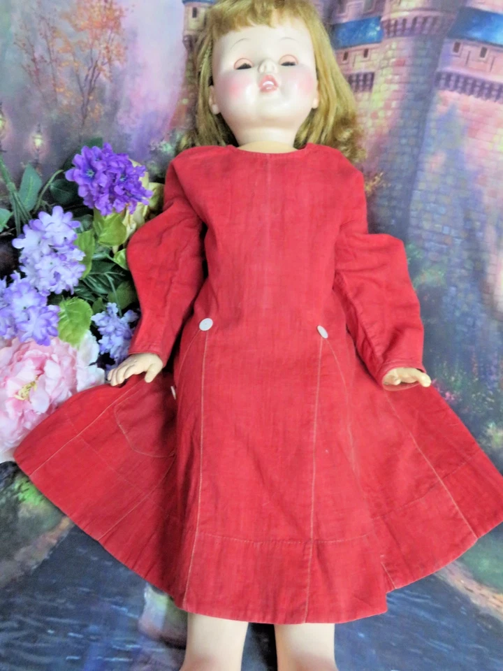 Original Antique Edwardian Child Dress Red linen Pearl buttons Large doll dress - Image 3 of 4