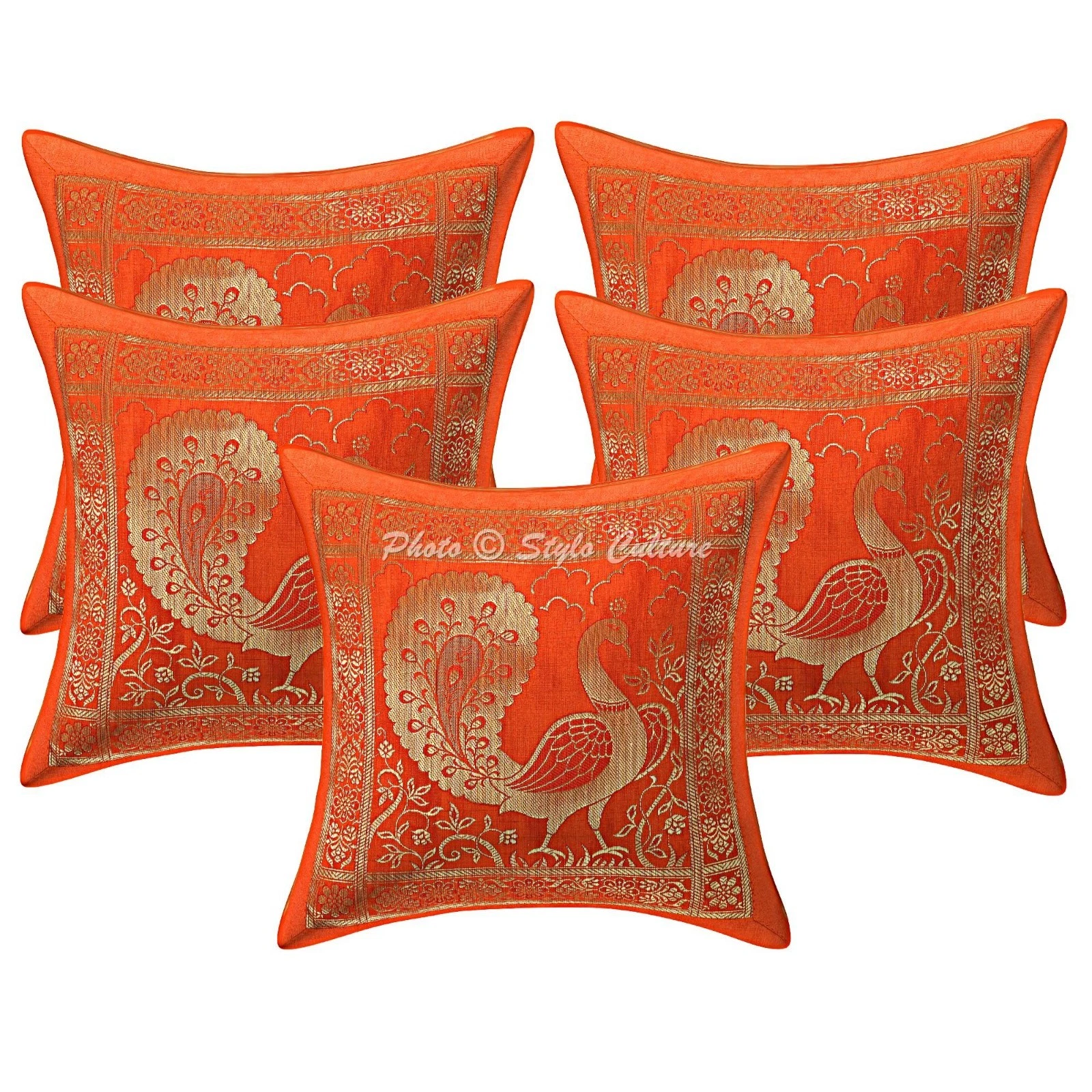 Indian Brocade Throw Pillow Covers Jacquard Orange Peacock Home Decor 30x30 cm