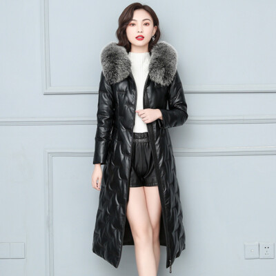 Women Long Sheepskin Leather Jacket Winter Real Fox Fur Collar
