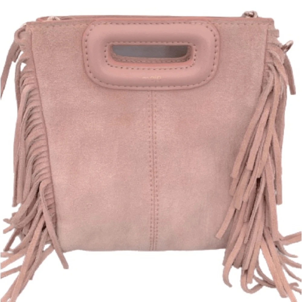 MAJE Mini M Clutch Purse Bag Pink Dune Fringe Boho Handbag Suede
