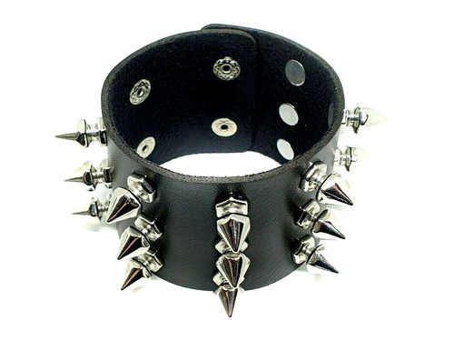 Spike Cuff Wrist Bracelet 21 Spikes Rivet Stud Wide Vegan Faux Leather Rocker - Picture 5 of 8