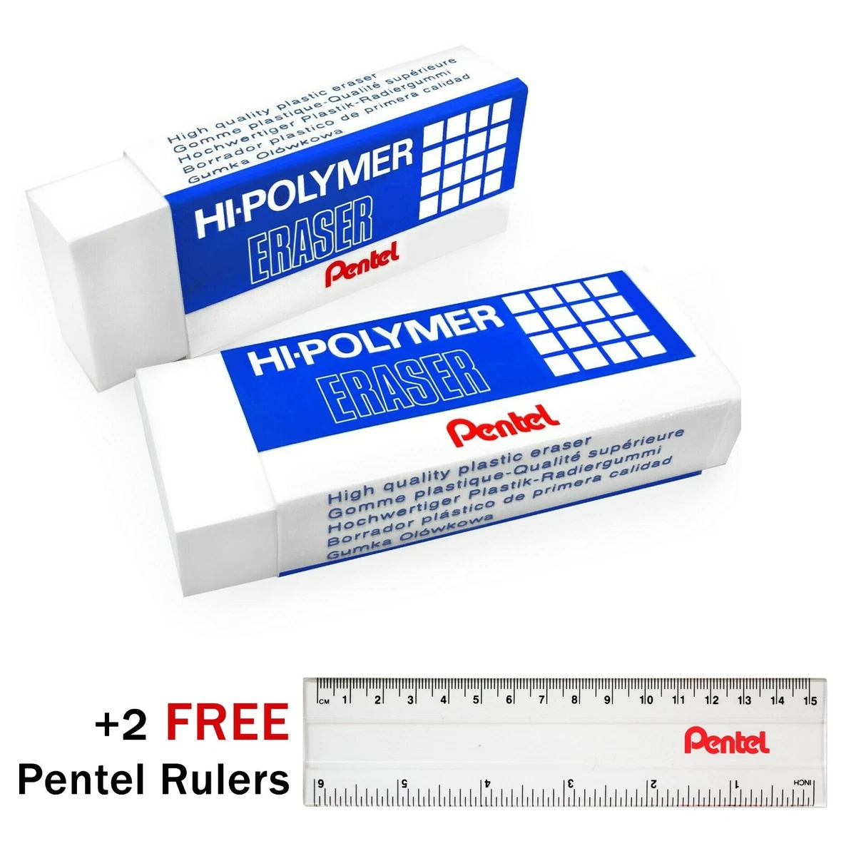 2 x Pentel ZEH/10 Hi-Polymer Eraser Rubber - Extra Large Erasers + 2 FREE  Rulers