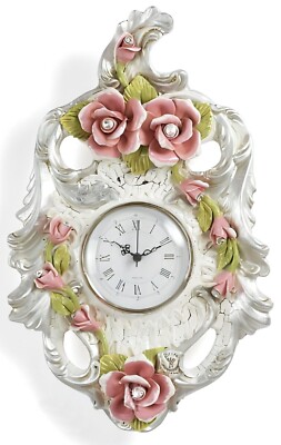 Wall white Clock Porcelain Capodimonte with Flowers Handmade in