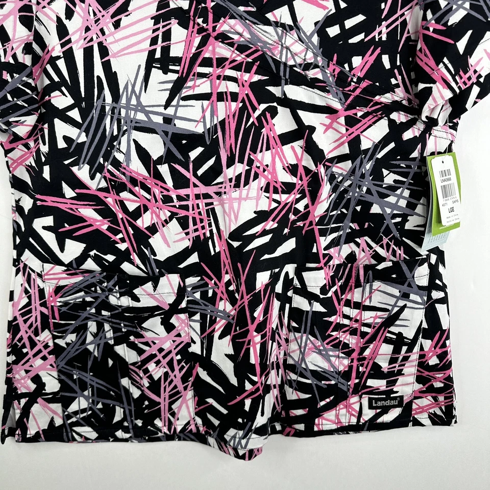 Landau Womens Scrub Top Sz L Abstract Pattern Pink Black Gray White Cotton Blend - Image 3 of 4