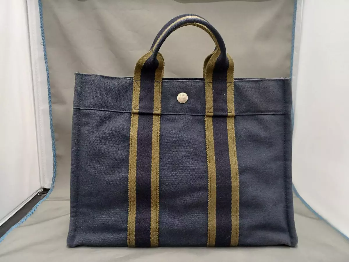 Authentic HERMES Fourre Tout MM Hand Tote Bag Canvas Navy Khaki