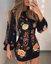 Black Cutout Bishop Sleeve Floral Dress Size L