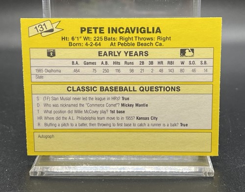 1987 Classic Update Yellow #131 PETE INCAVIGLIA Texas Rangers - Picture 2 of 2