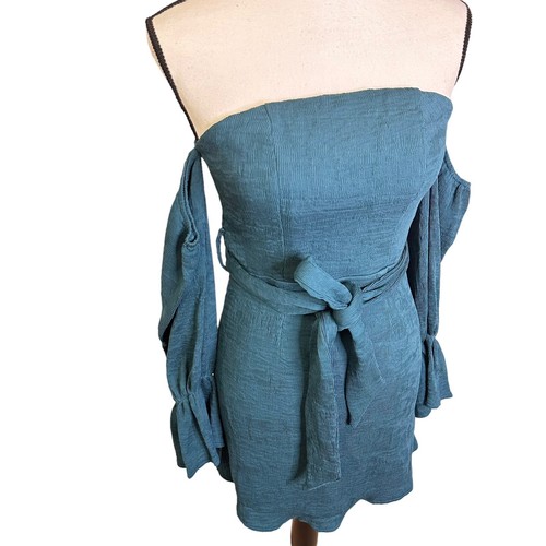 Selfie Leslie Off-Shoulder Dress Small Teal Bell Sleeve Mini Dress Party Elegant - Picture 4 of 10