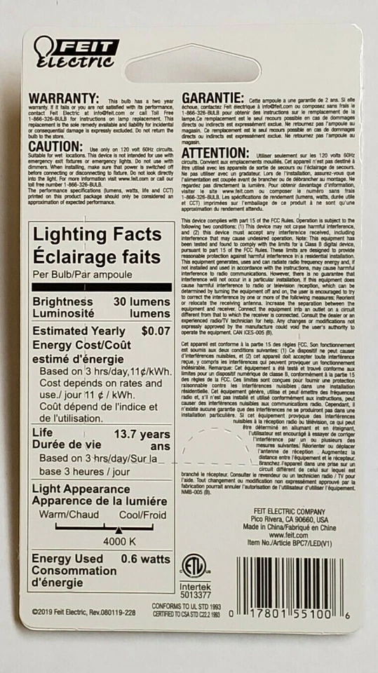 1W Clear White LED E-12 Base Night Light Bulbs 2-Pack Feit Electric New BPC7CJW - Image 2 of 3