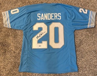 BARRY SANDERS SIGNED AUTO DETROIT LIONS BLUE JERSEY BAS BGS AUTOGRAPHED