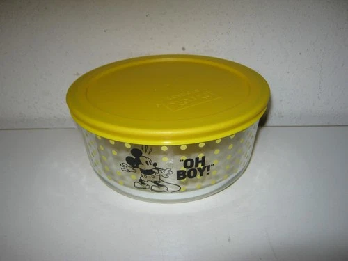 PYREX DISNEY MICKEY MOUSE OH BOY YELLOW DOT FOOD STORAGE BOWL WITH YELLOW LID