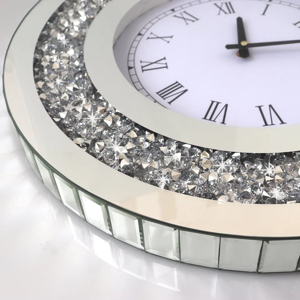 Silver Round Mirror Clock 20x20inches Crystal Sparkle Twinkle Bling Crush Dia... - Image 3 of 4