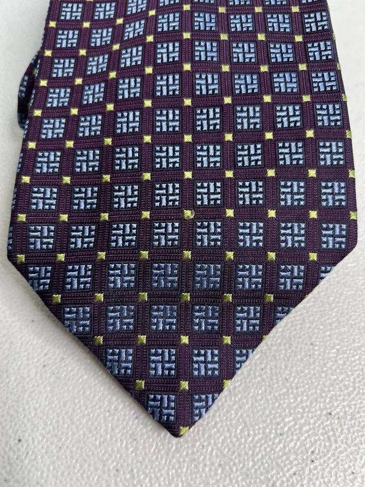 Paul Fredrick Burgundy, Green, Blue Geometric Pattern 100% Silk Tie NWOT - Image 2 of 4
