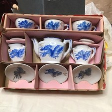 Vintage Japanese Children's Porcelain Tea Set Blue Dragon w Box 1950s