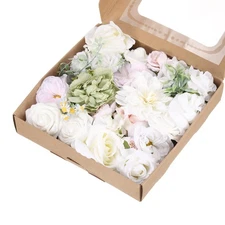 Artificial Flower Heads White Faux Flowers Rose for DIY Craft Wedding and Par...